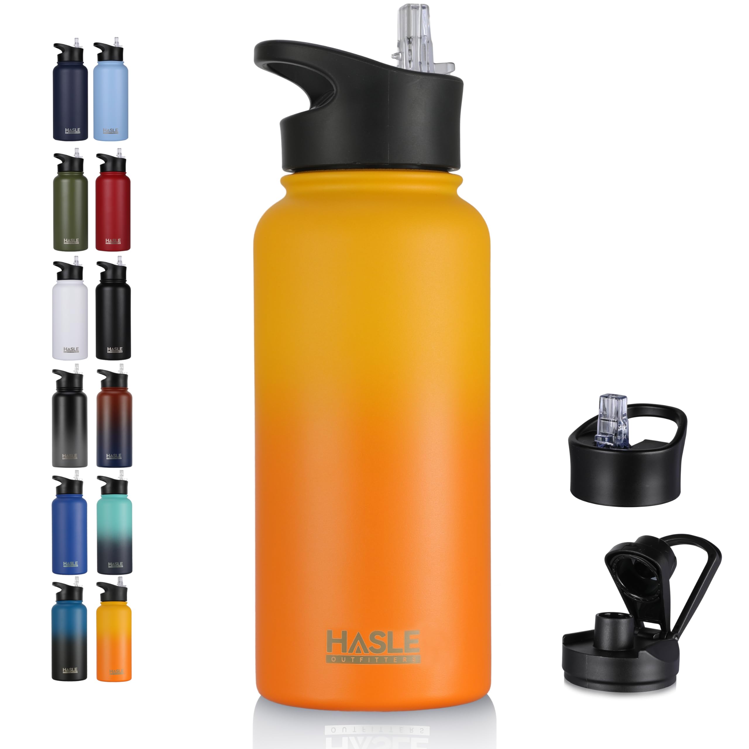 HASLE OUTFITTERS 32 oz Insulated Water Bottle Stainless Steel Double Walled Vacuum Sports Water Bottle with 2 Lids (Straw and Spout Lid) for Gym