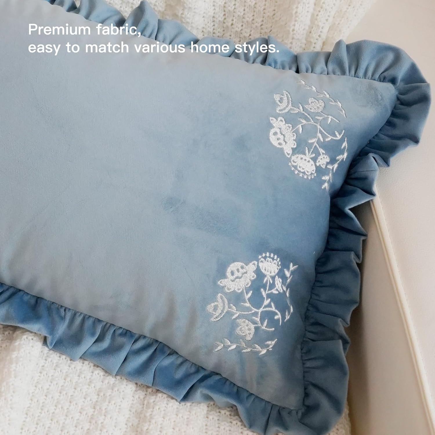 Blue Set of 2 18x18 &12x20 Inch Flower Decorative Pillow Cover, Ruffled Floral Pillow Sham, Comfortable Couch Cushion, Stylish Pillow Case for Sofa Bedroom Farmhouse Home Decor