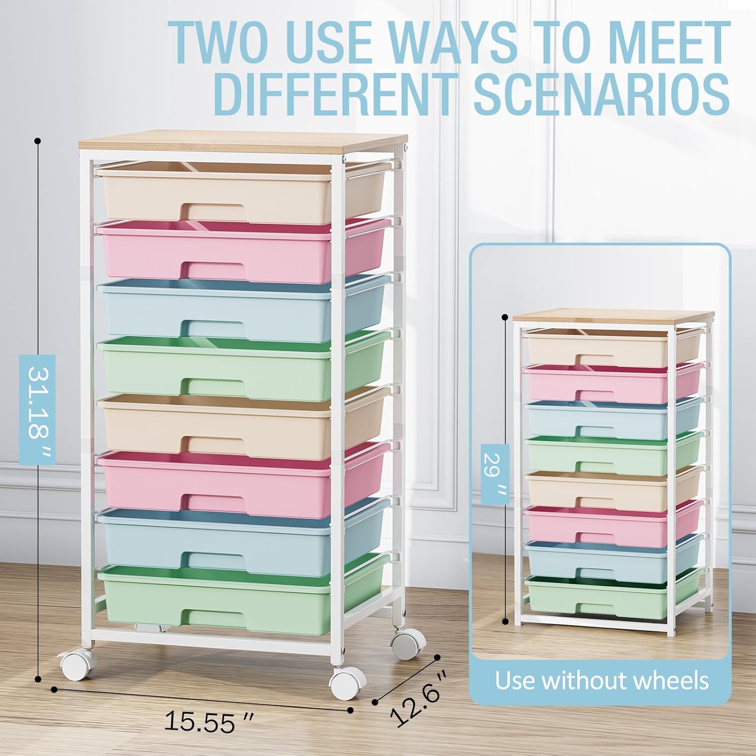 Rolling Storage Cart, Rainbow Cart with 8 Drawers and Wooden Tabletop, Teacher Organization for Classroom, Art Cart for Classroom,Office,Bedroom,Rainbow