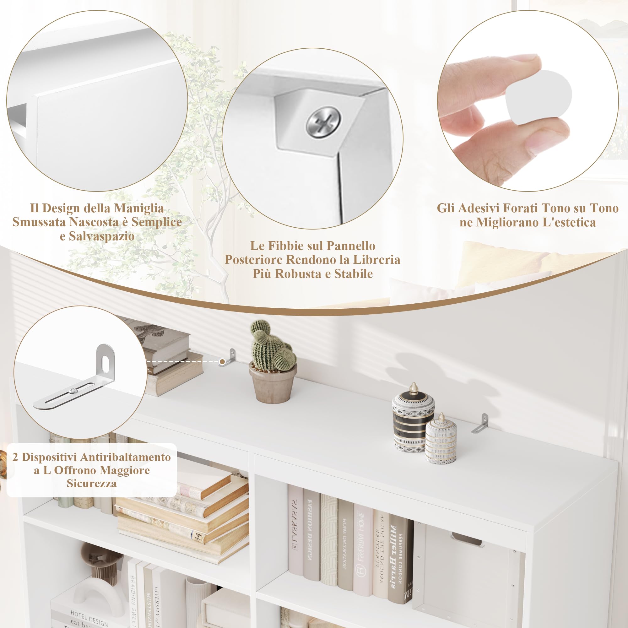 FirFurd Libreria Scaffale 180 cm,Grande libreria Alta, Libreria Verticale in legno, divisorio per Ambienti,con 4 cassetti e 8 scomparti, per Soggiorno, Ufficio, Cucina, 180 x 120 x 30 cm (Bianco)