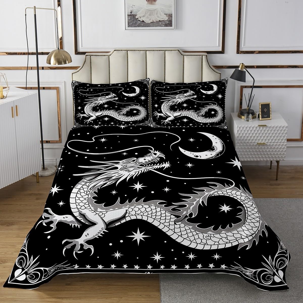 Feelyou Dragon Bedspread Chinese Dragon Bedspread for Kids Boys Girls Boho Moon Galaxy Dragon Coverlet Set Black White Quilted Bedroom Collection 2Pcs Twin Size