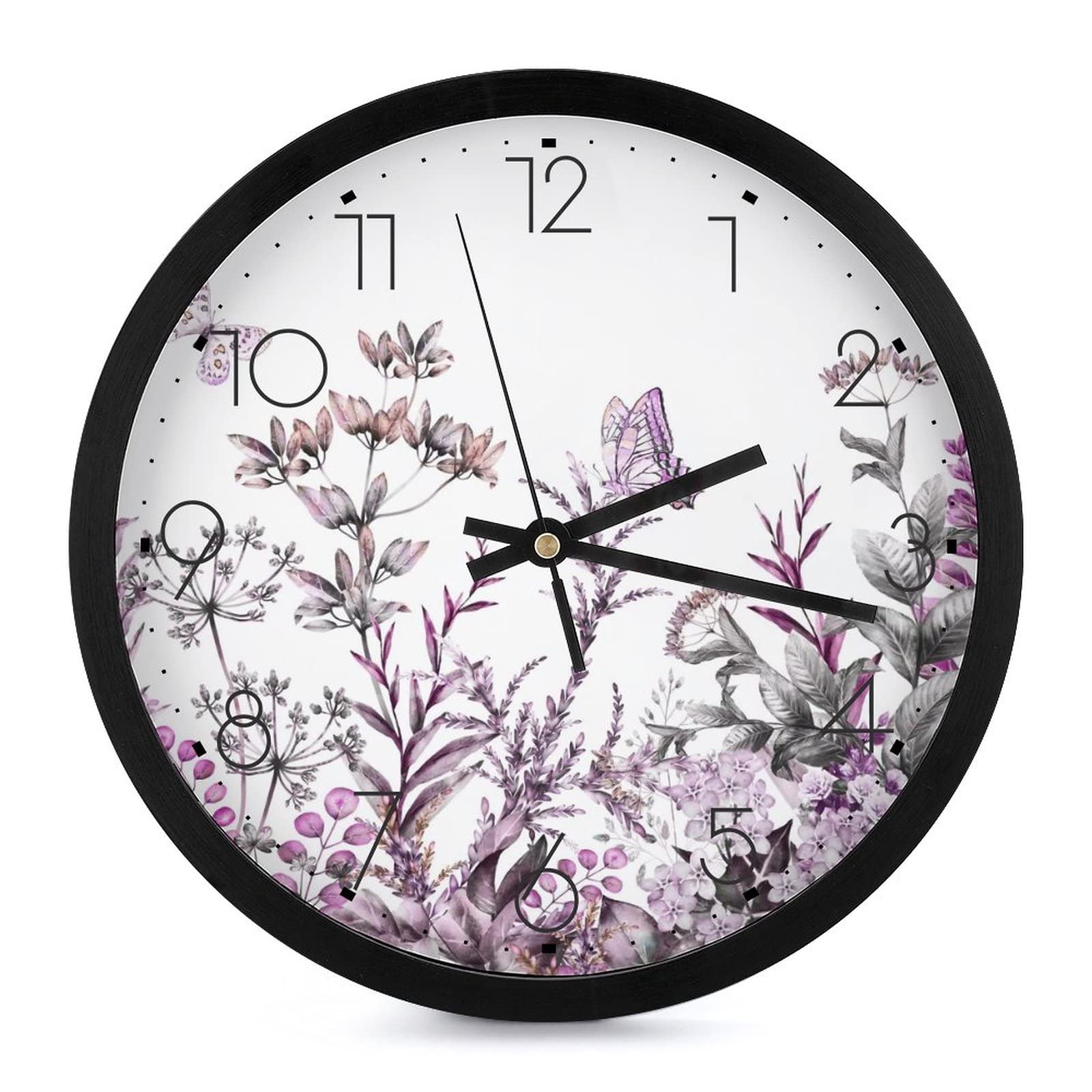 Horloge murale ronde fleurs pourpres 25.4cm à grands chiffres