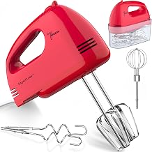 LILPARTNER Electric Hand Mixer with Storage Box, Ultra Power Kitchen Hand Mixer With 7-Speed & 5 Stainless Steel Accessories for Whipping Dough, Cream, Cake, Dishwasher Safe, LIGHT RED BOX