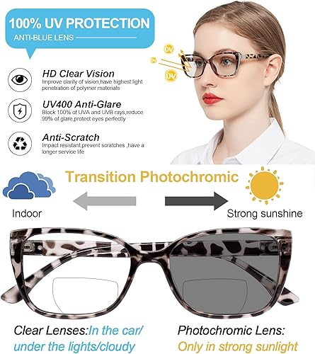 Miniatura 9 de OCCI CHIARI Lentes de lectura bifocales fotocromáticos de transición para mujer, lentes de sol cuadrados transparentes con protección UV