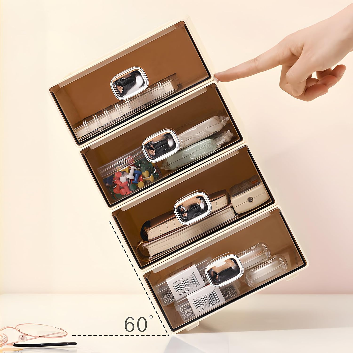 Spacious Desktop Storage Box, 2 Large Storage Drawers, Stackable Office Desk Drawer Organizer and Accessories, Printer Paper Organizer, Cream Plastic Drawers for Workspace