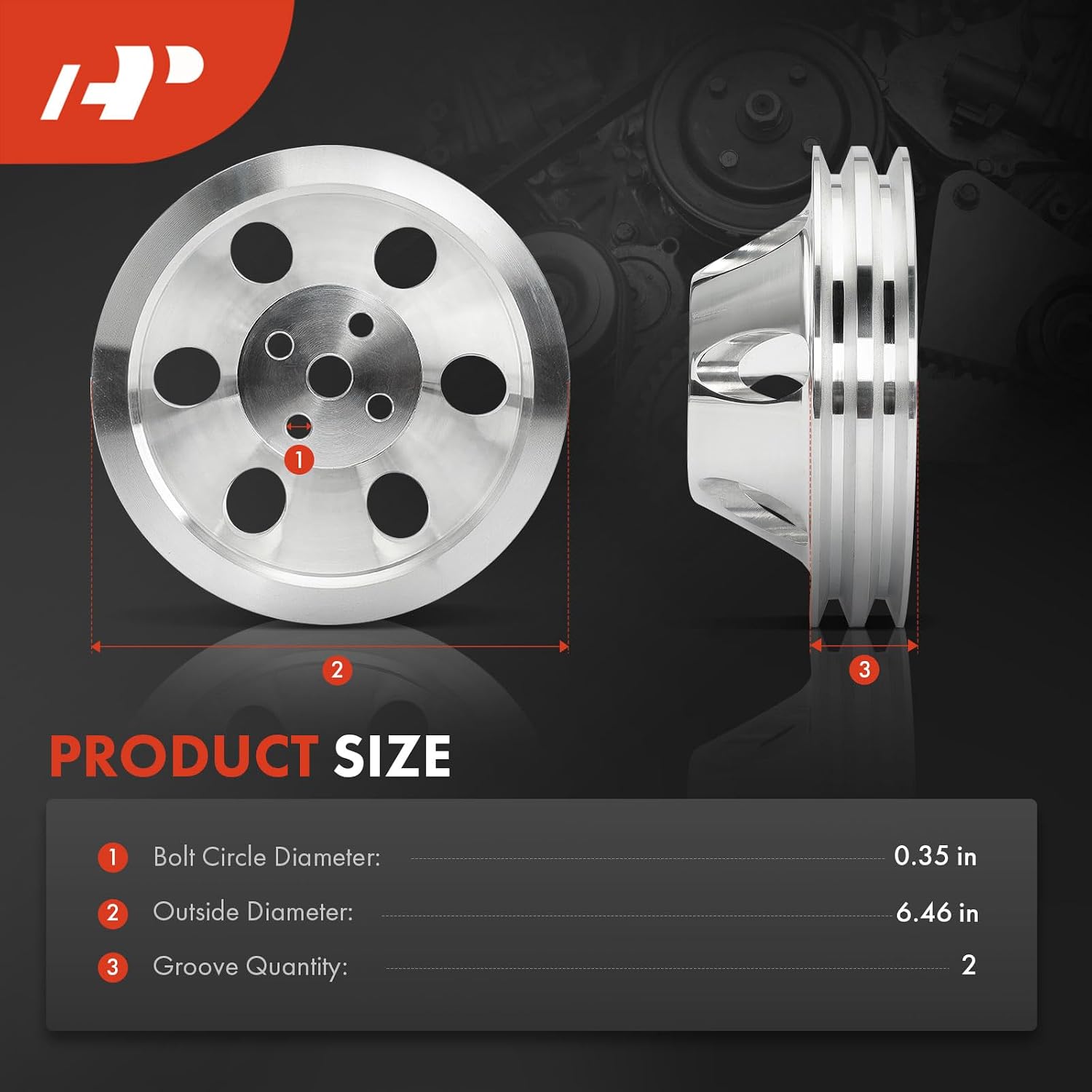 A-Premium 6.46 Inch Water Pump Pulley with Double-Groove Polished Aluminum Compatible with 1965 1966 1967 1968 Chevrolet Big Block V8 396, 402, 427, 454, Short Water Pump