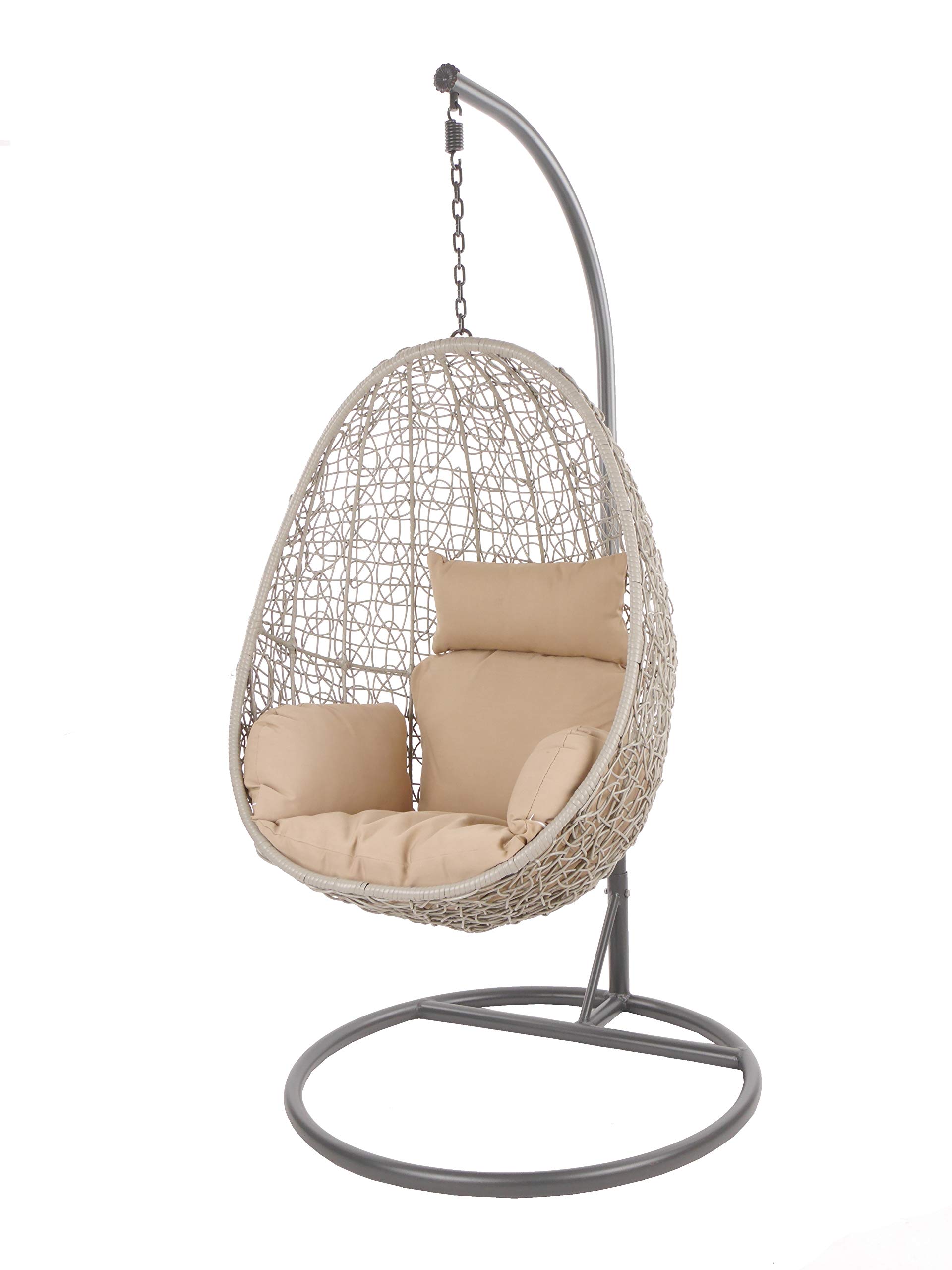 Kideo Swing Chair Indoor & Outdoor, Loungesessel Polyrattan, Hängestuhl, Hängesessel mit Gestell & Kissen (grau/beige) Garten