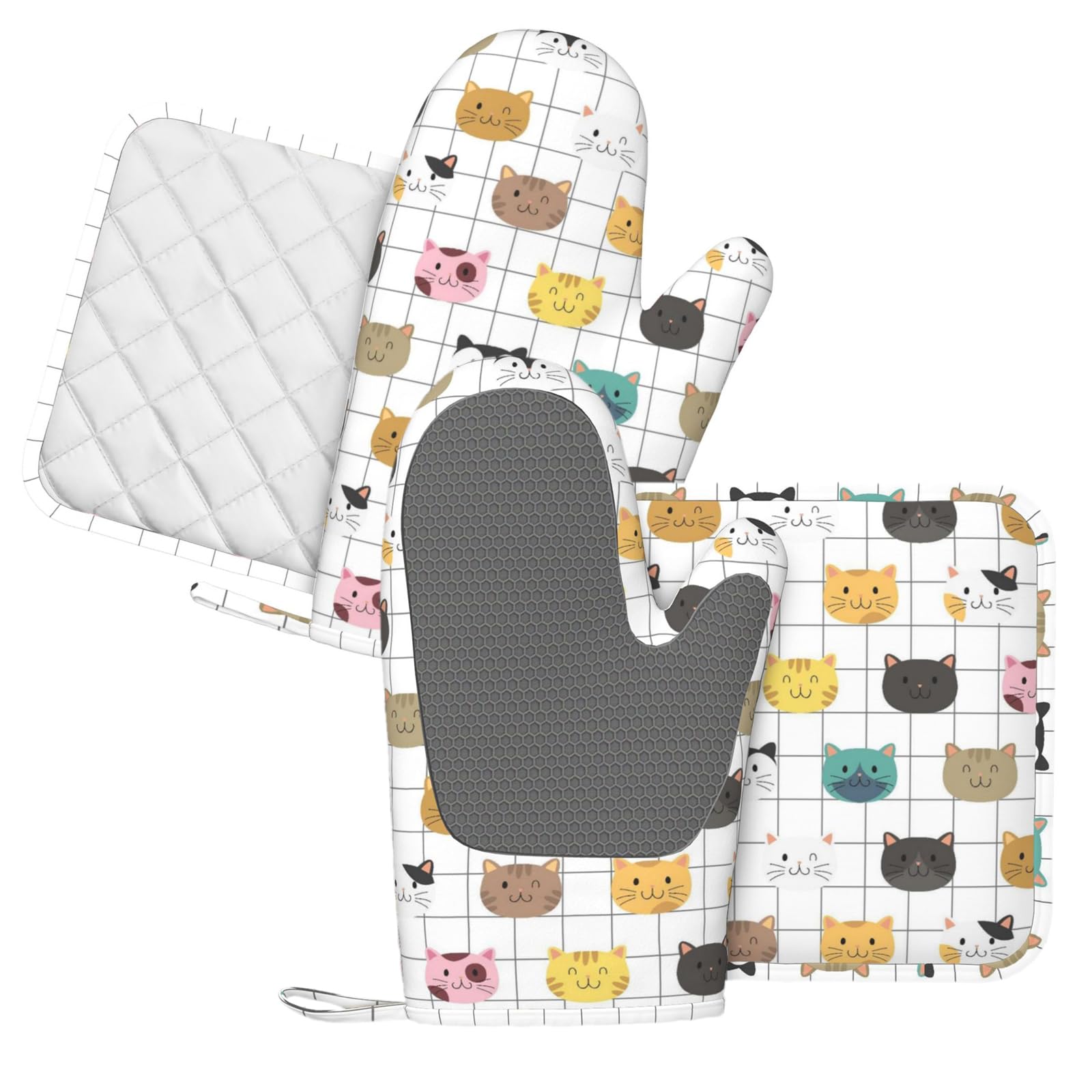 Lot de 4 maniques et maniques en forme de chats mignons - Motif animaux colorés - Résistants à la chaleur - Rustiques - Pour cuisine, pâtisserie, grillades, barbecue