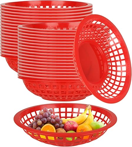 LANIAKEA 60 cestas de comida rápida, canastas de plástico de 8 pulgadas, canastas redondas de delicatessen, cestas rojas de plástico para alimentos,