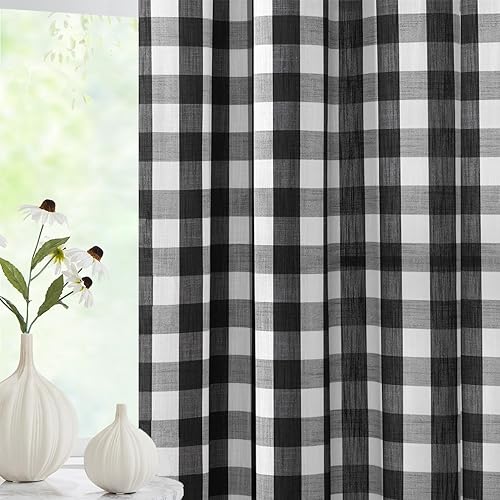 Vista 15 de Jubilantex Paneles de cortina semitransparentes a cuadros rojos y blancos, cortinas texturizadas a cuadros, cortinas de ventana de granja con ojales