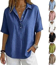 Linen Tops for Women 2026 Summer Cotton Gauze Shirts Button Down V Neck Half Sleeve Blouses Loose Fit Tunic Clothes