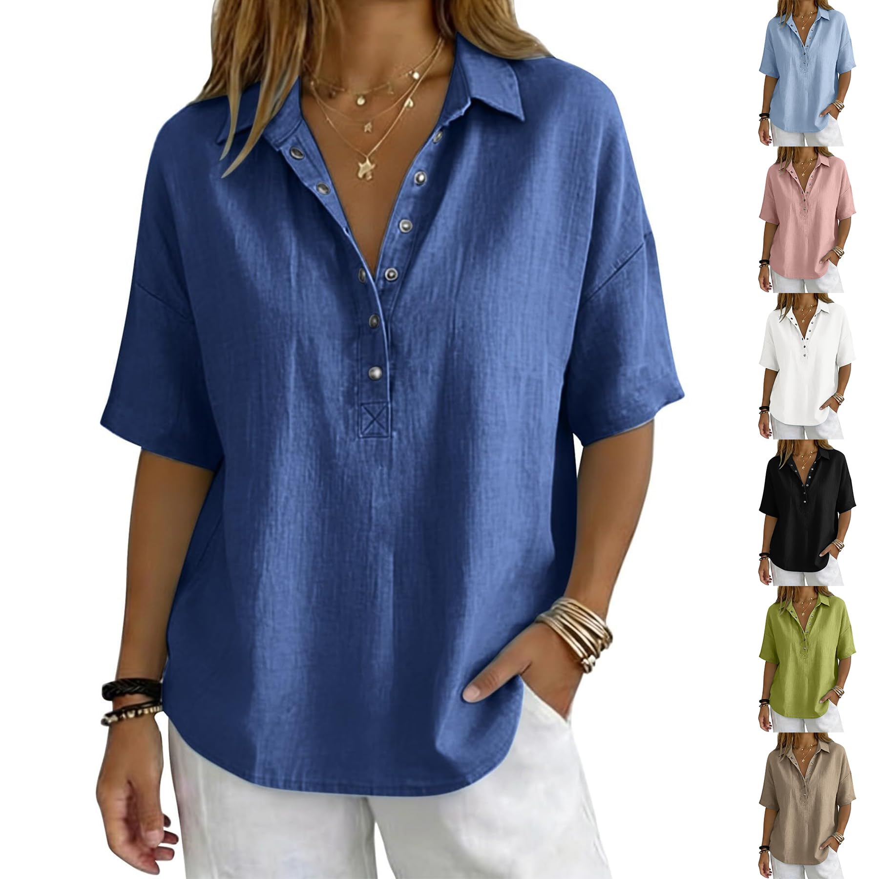 Linen Tops for Women 2026 Summer Cotton Gauze Shirts Button Down V Neck Half Sleeve Blouses Loose Fit Tunic Clothes