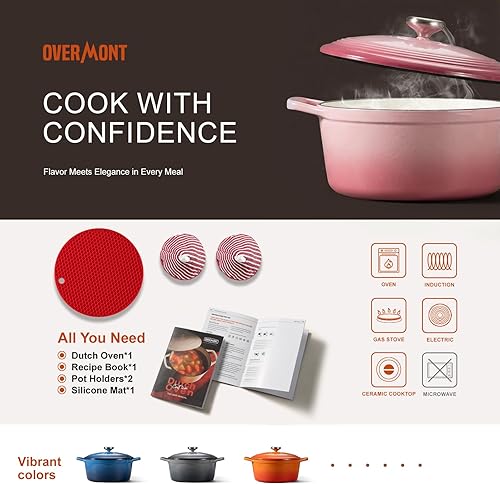 Miniatura 6 de Overmont Horno holandés de hierro fundido esmaltado, olla de 5.5 cuartos de galón con tapa de asas anchas, libro de cocina y agarraderas de algodón
