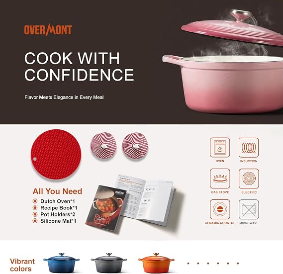 Overmont Enameled Cast Iron Dutch Oven - 5.5QT Pot with Lid Cookbook, Pink