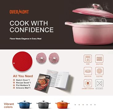 Overmont Enameled Cast Iron Dutch Oven - 5.5QT Pot with Lid Cookbook, Pink