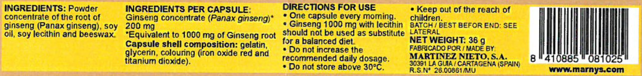 MARNYS Ginseng 1000mg Capsules, Pack of 30, Panax Ginseng Root Food Supplement Traditionally Valued for Energy, Vitality & Mental Focus, One-a-Day for Active Adults