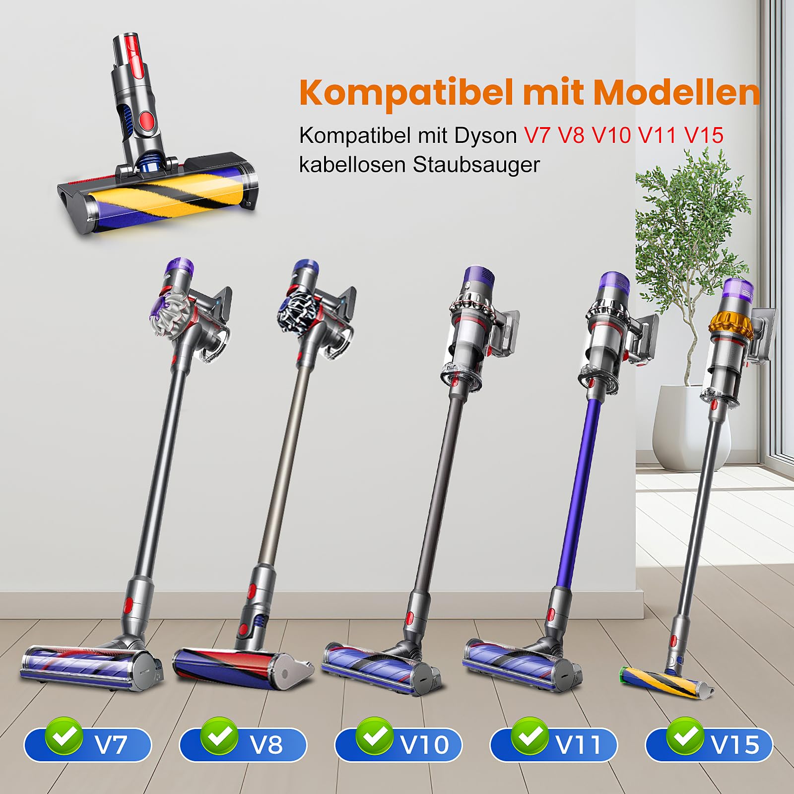 Cabezal de repuesto para aspiradora inalámbrica Dyson V7 V8 V10 V11 V15, cepillo de microfibra con luz láser LED verde, adecuado para suelos de madera dura y alfombras