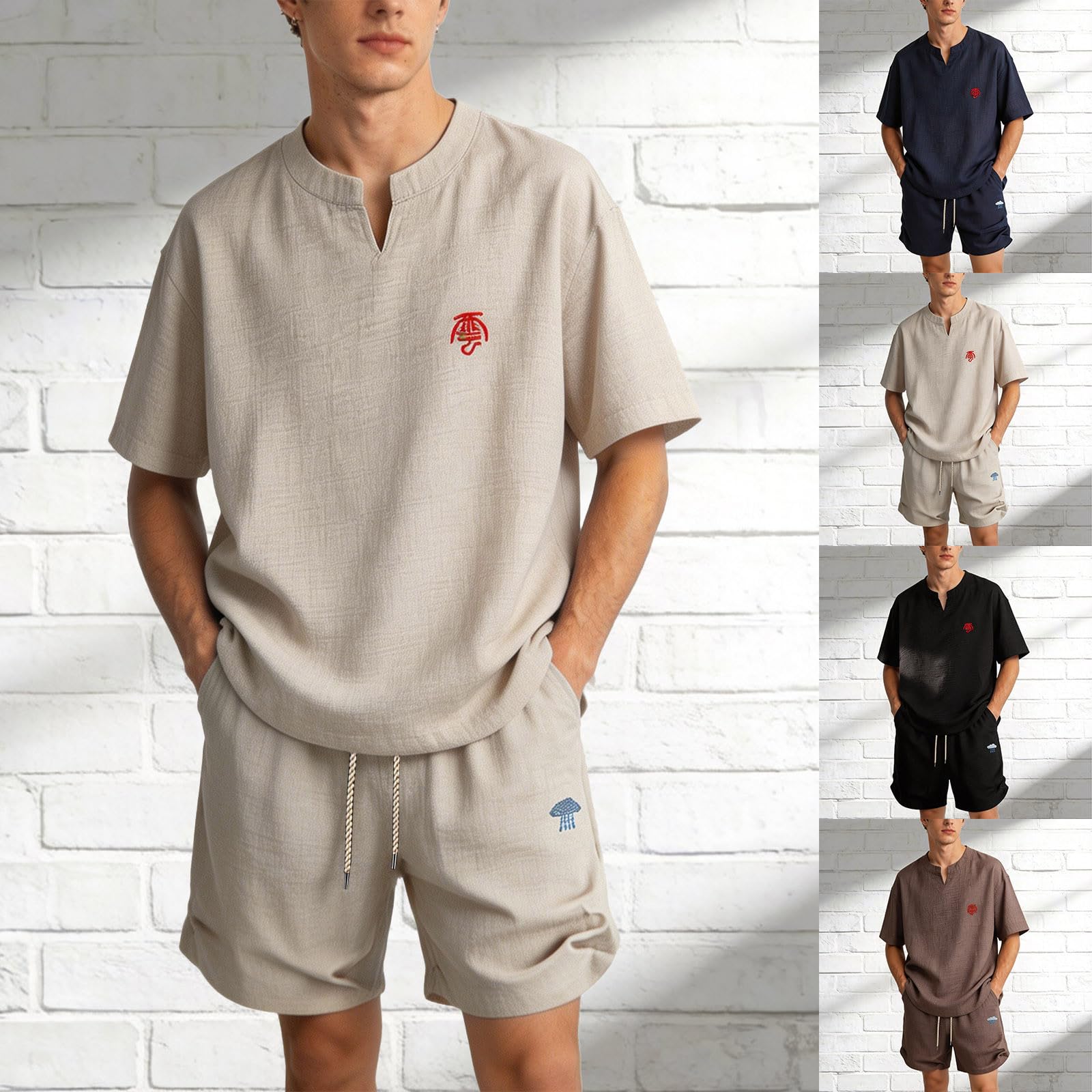Tuta da jogging da uomo, 2 pezzi, maglietta a maniche corte e pantaloni larghi, tuta estiva in lino, tinta unita, leggera, per il tempo libero, ad asciugatura rapida