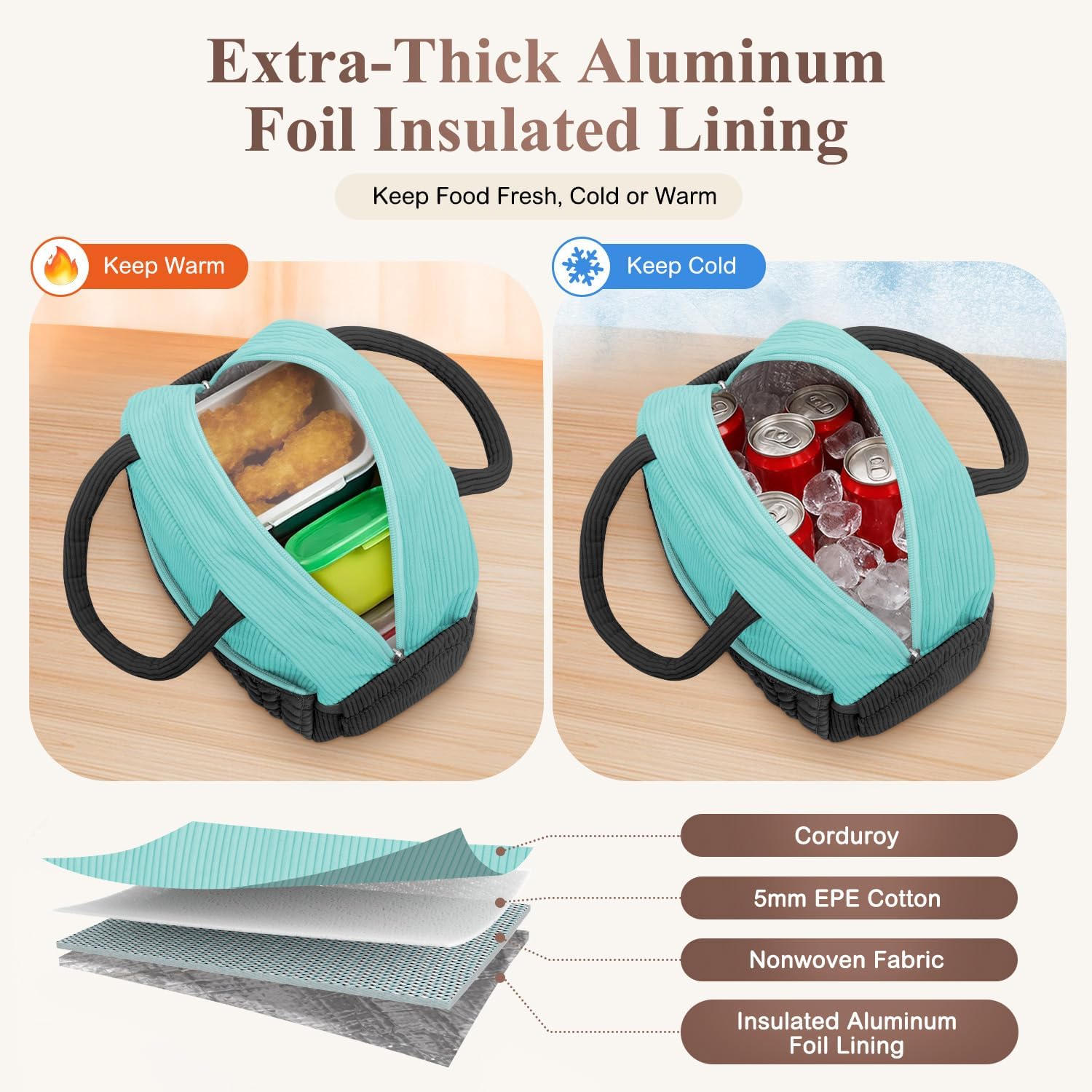 KUBYA Lunch Box for Women, Cute Grids Corduroy Insulated Lunch Bag Women Reusable Work Simple Adults Large Lunch Boxes Tote Bag Men Cooler Bag image 3