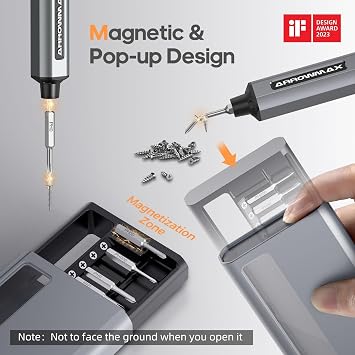 AM ARROWMAX Mini Electric Screwdriver, Precision Screwdriver Set w/ 28 Magnetic Bits, Red Dot, IF Winning Design, Rechargeable Cordless Screwdriver for Phone, Laptop, Watch, RC(SES MINI) Grey