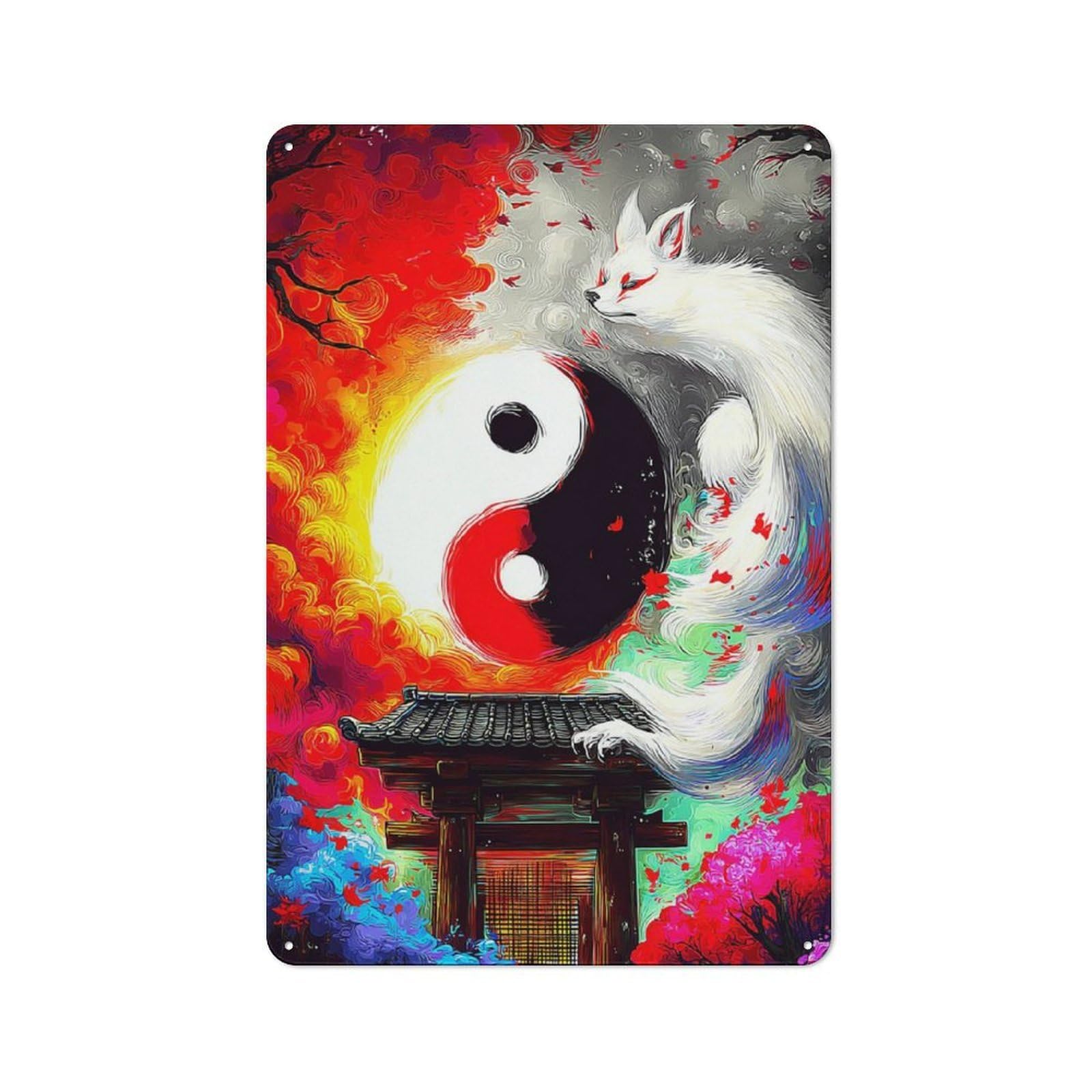 Junmoney Yin-Yang Fox Temple Gate Art Rustic Tin Wall Plaque 30X20cm For Kitchen Or Home Bar, A Winter Wall Decor Update For Kitchen Decor Lovers