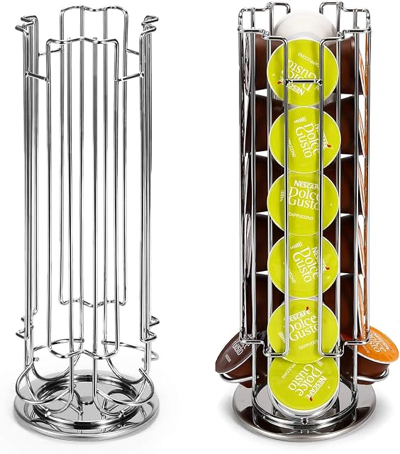 Vinsani 24 Coffee Pod Holder - Rotating Chrome Tower Storage Stand for Dolce Gusto Coffee Capsules