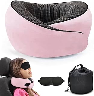 Travel Neck Pillow,Premium Memory Foam Travel Pillow with 3D Contoured Eye Masks & Mesh Bag, Comfortable Breathable Machin...