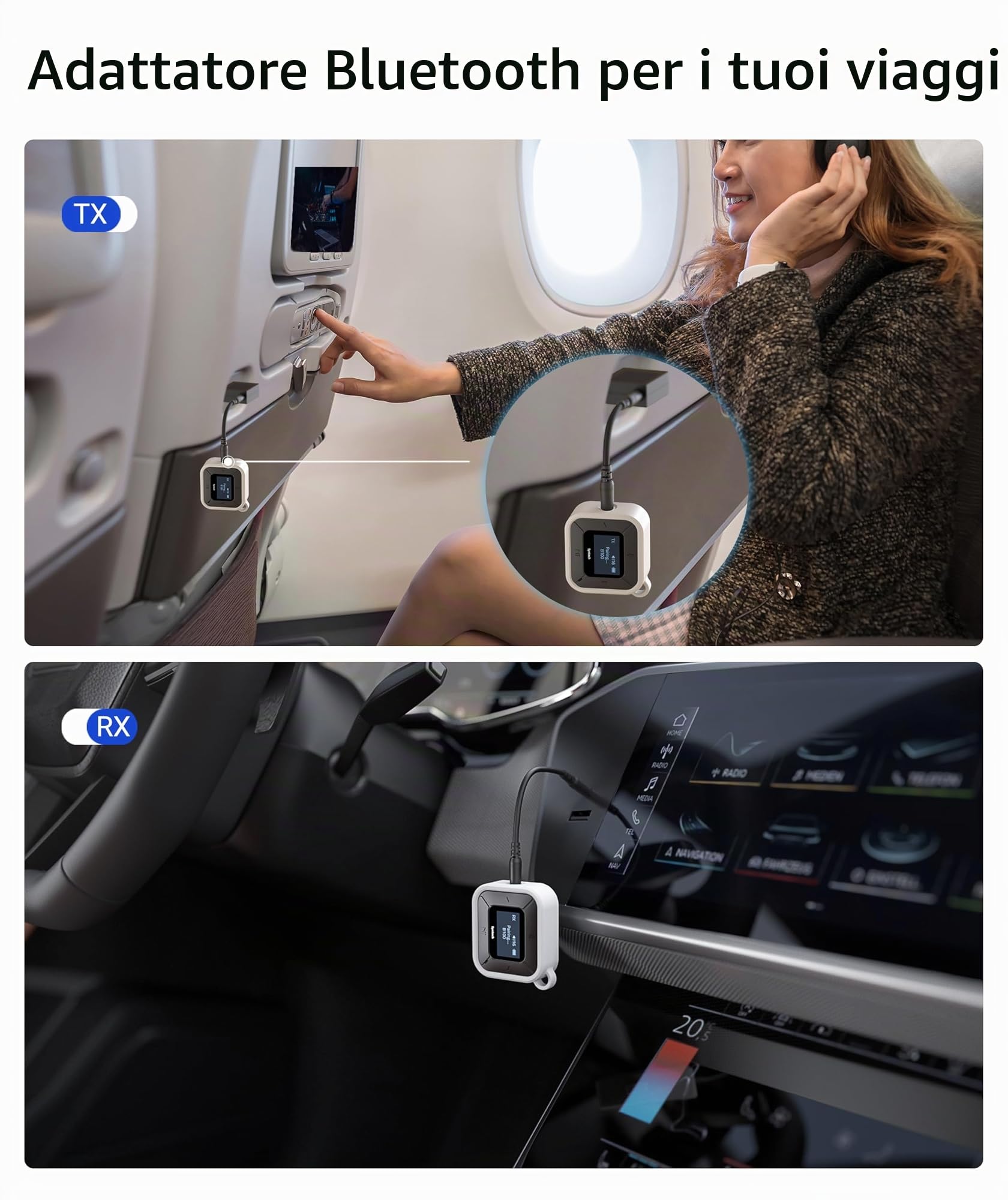 Syntech Aereo Bluetooth Trasmettitore Ricevitore con Extra Dual 3.5mm AUX Adattatore, LED Display A Bassa Latenza Dual Link Bluetooth 5.3 Auricolare Adattatore per Auto AirPods Cuffie senza Fili