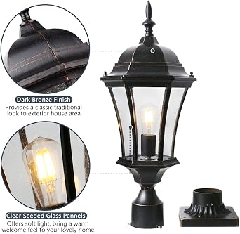 Cast Aluminum 24 Large Outdoor Post Light Bronze Exterior Pole Lights Fixture with Seeded Glass Outside Garden Post Lamp with 3 Pier Mount for Driveway, Yard, 2 Pack