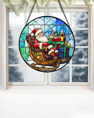 Miniatura 2 de Colgante de vidrieras para colgar en la ventana, caja de regalo de Papá Noel, atrapasoles para puertas, decoración de Navidad del hogar, atrapa el