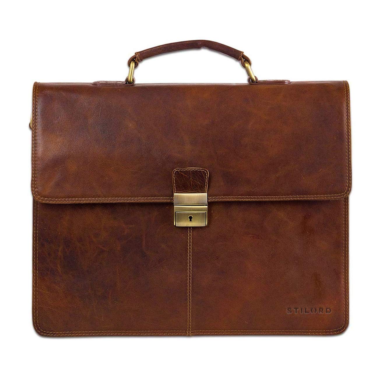 STILORD Vintage Aktentasche Herren Büro Business Schultertasche Laptoptasche mit Schloss groß echtes Rinds-Leder braun