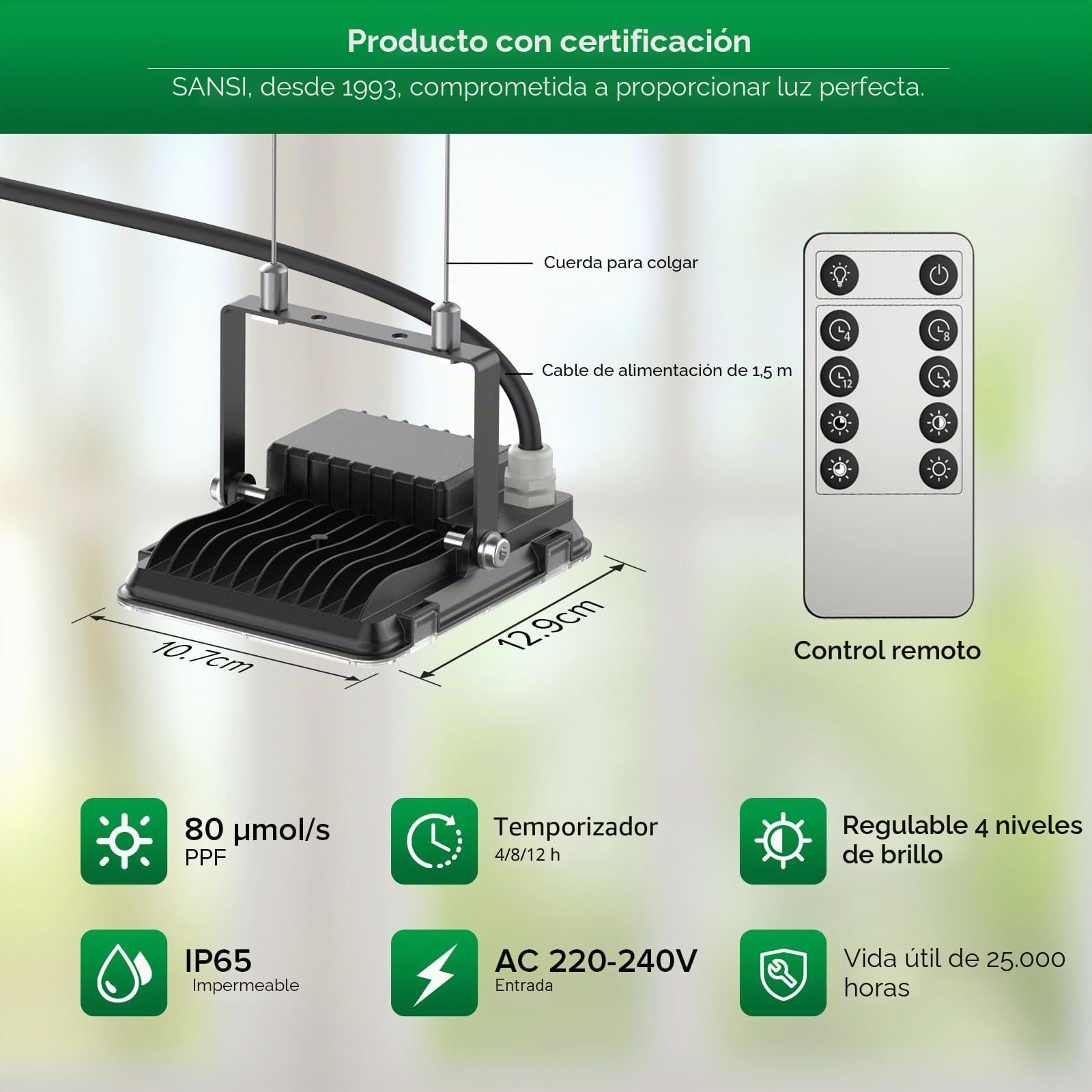 SANSI Lámpara de Plantas 340W, Lámpara LED Cultivo de Espectro Completo 45W, IP65 LED Grow Light para Crecimiento y Floración des Plantas de Interior, PPF: 76 umol/s, Rango de Cobertura: 60 * 60cm