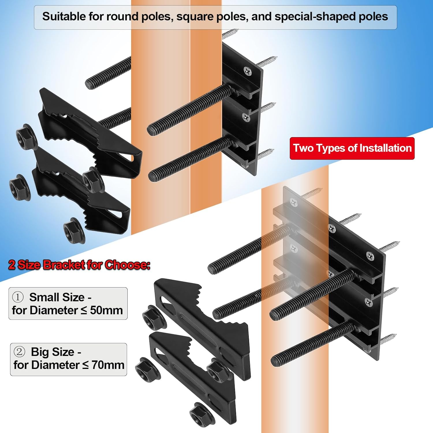 Antenna Pole Mount, Black Metal Mounting Bracket, Pole Clamps Sign Bracket Security Camera Mounting Hardware for Square & Round Tube, Compatible with Diameter ≤ 80mm (3 Pcs, Large)