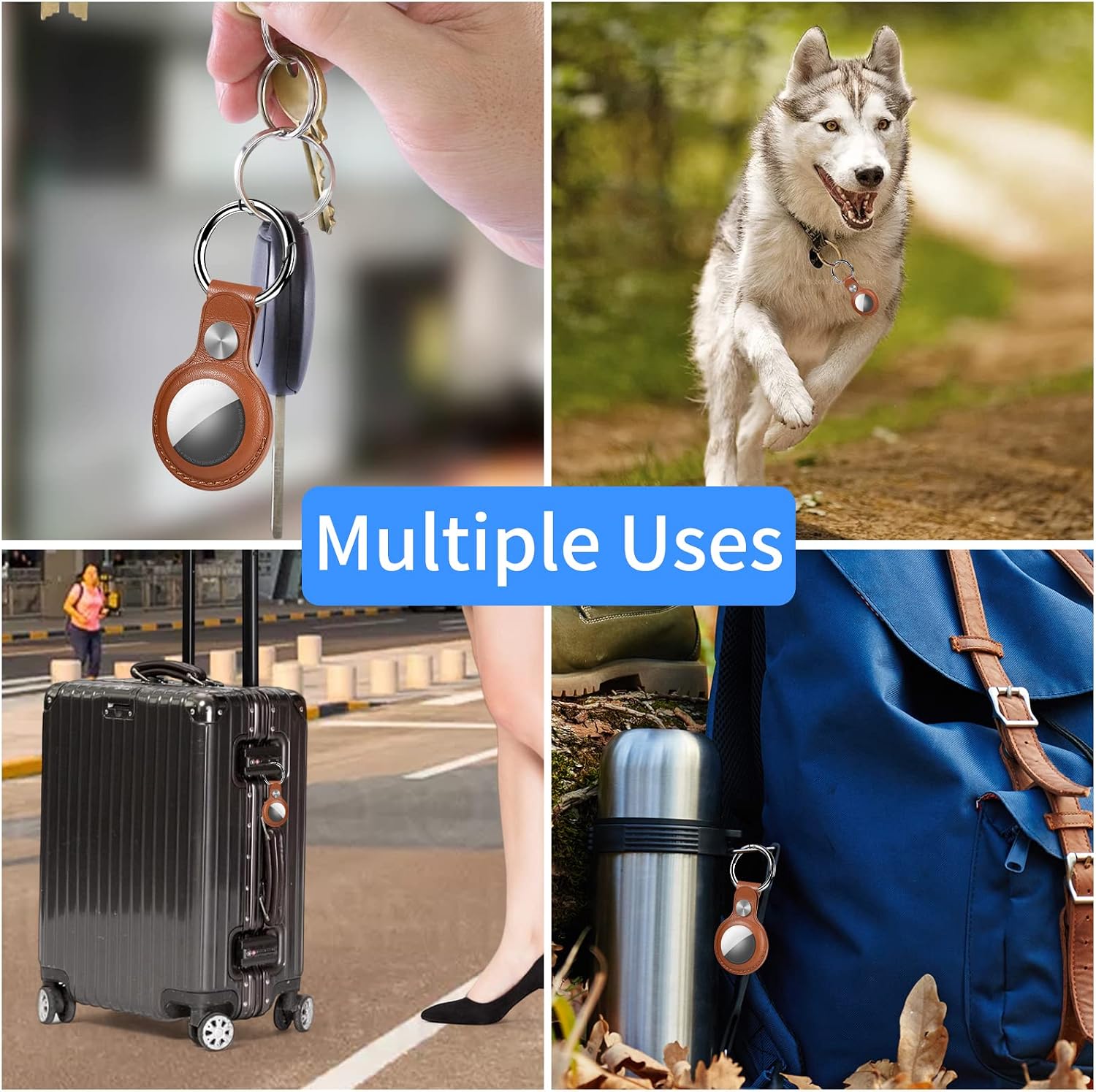 [4Pack] Leather Airtag Key Chain Air Tag Holder, Ultra Tracker Case with Loop Key Ring for Apple Airtags, PU Cover for Wallet/Luggage/Cat/Dog/Pets