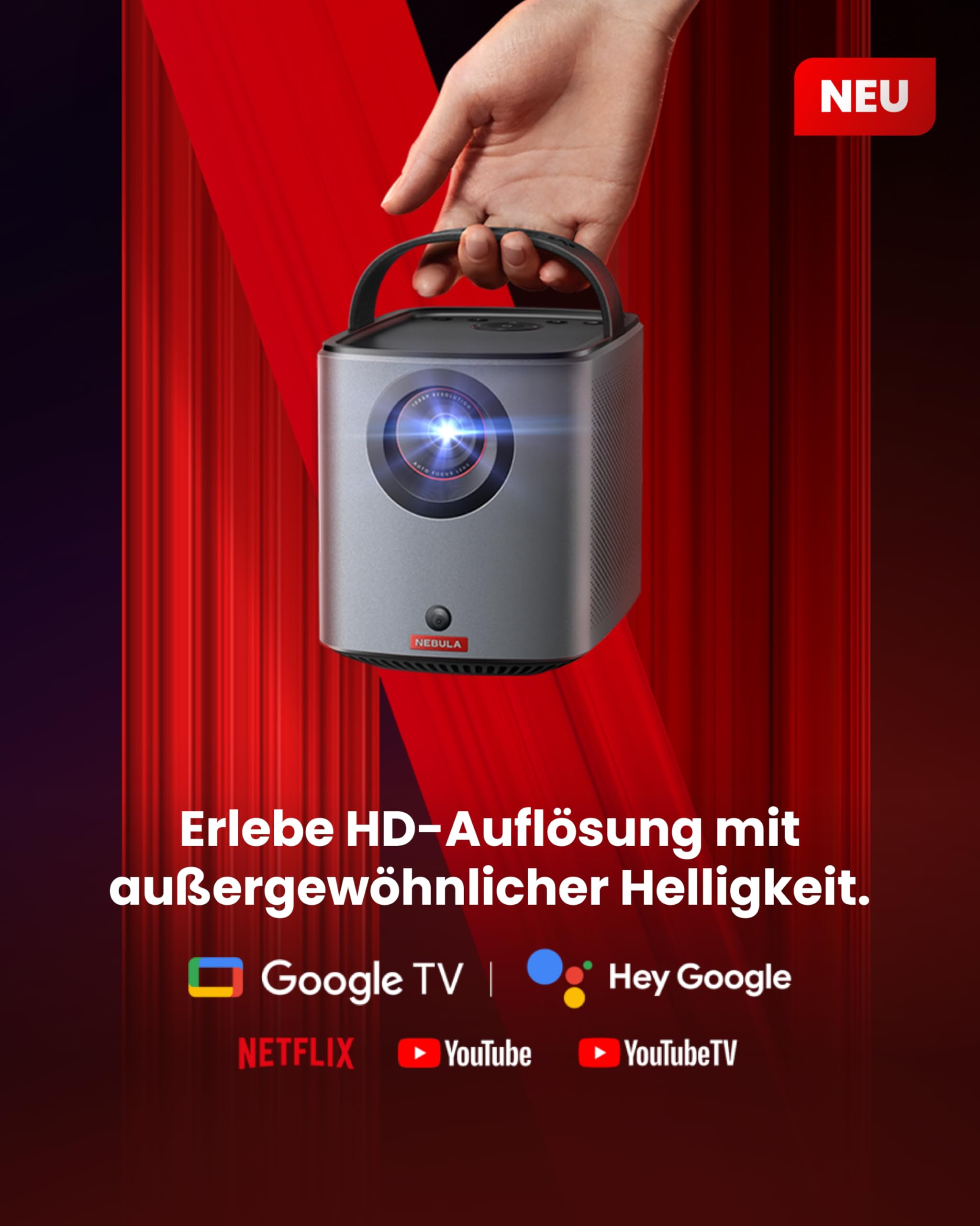 Nebula by Anker Mars 3 Air Mini Beamer, WLAN Projektor, 1080p mit Google TV | Smarter, tragbarer Projektor mit 400 ANSI-Lumen, Dolby Digital, 2*8W, 150-Zoll Bild, Integrierter Akku, 2,5h Spielzeit