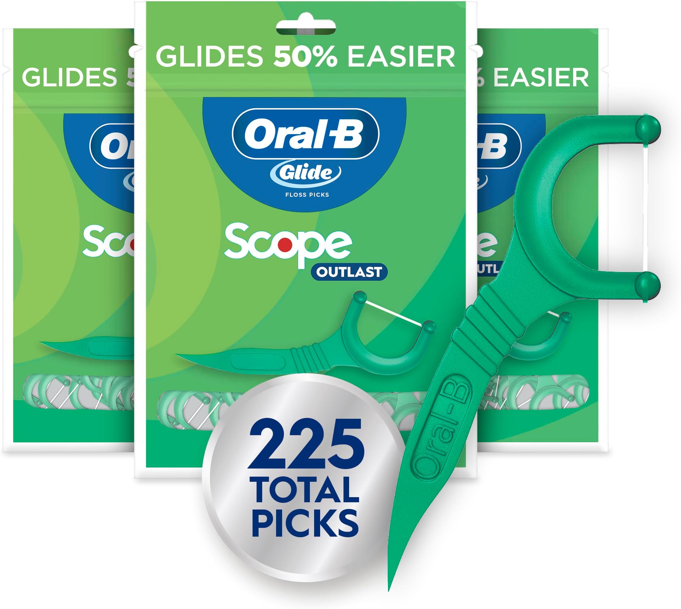 Oral-B Glide Mint Dental Floss Picks with Long Lasting Scope Flavor, 3 Pack of 75 Picks (225 Total)