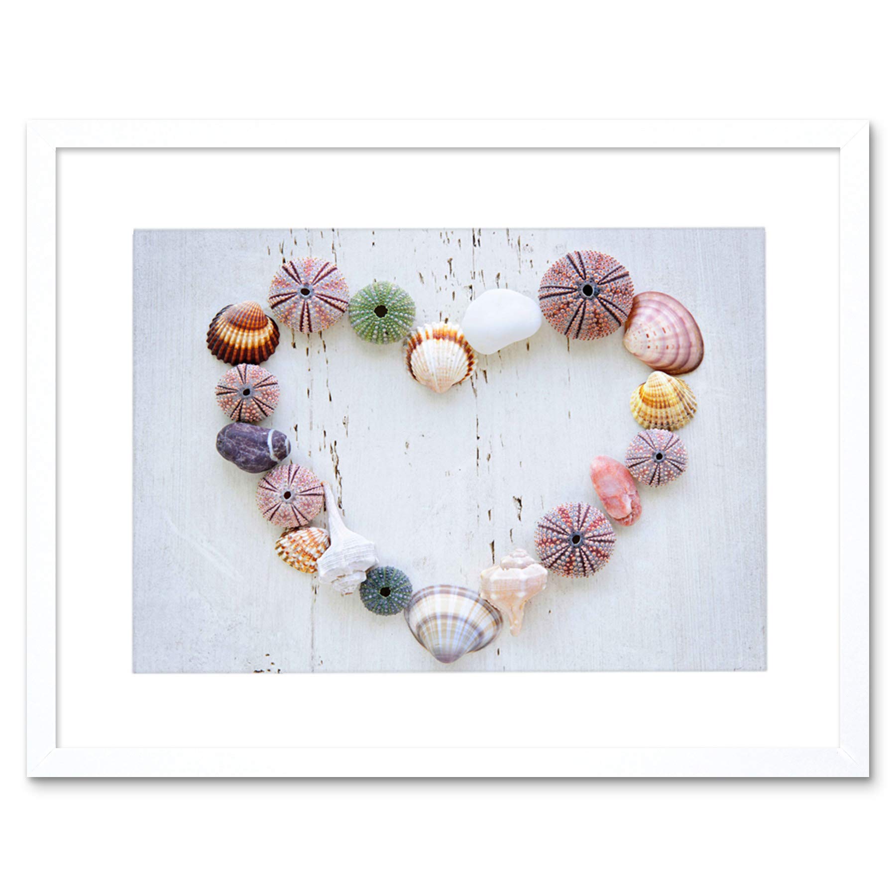 Wee Blue Coo Photo Heart Seashells Rocks Wood Beach Love Picture Framed Wall Art Print