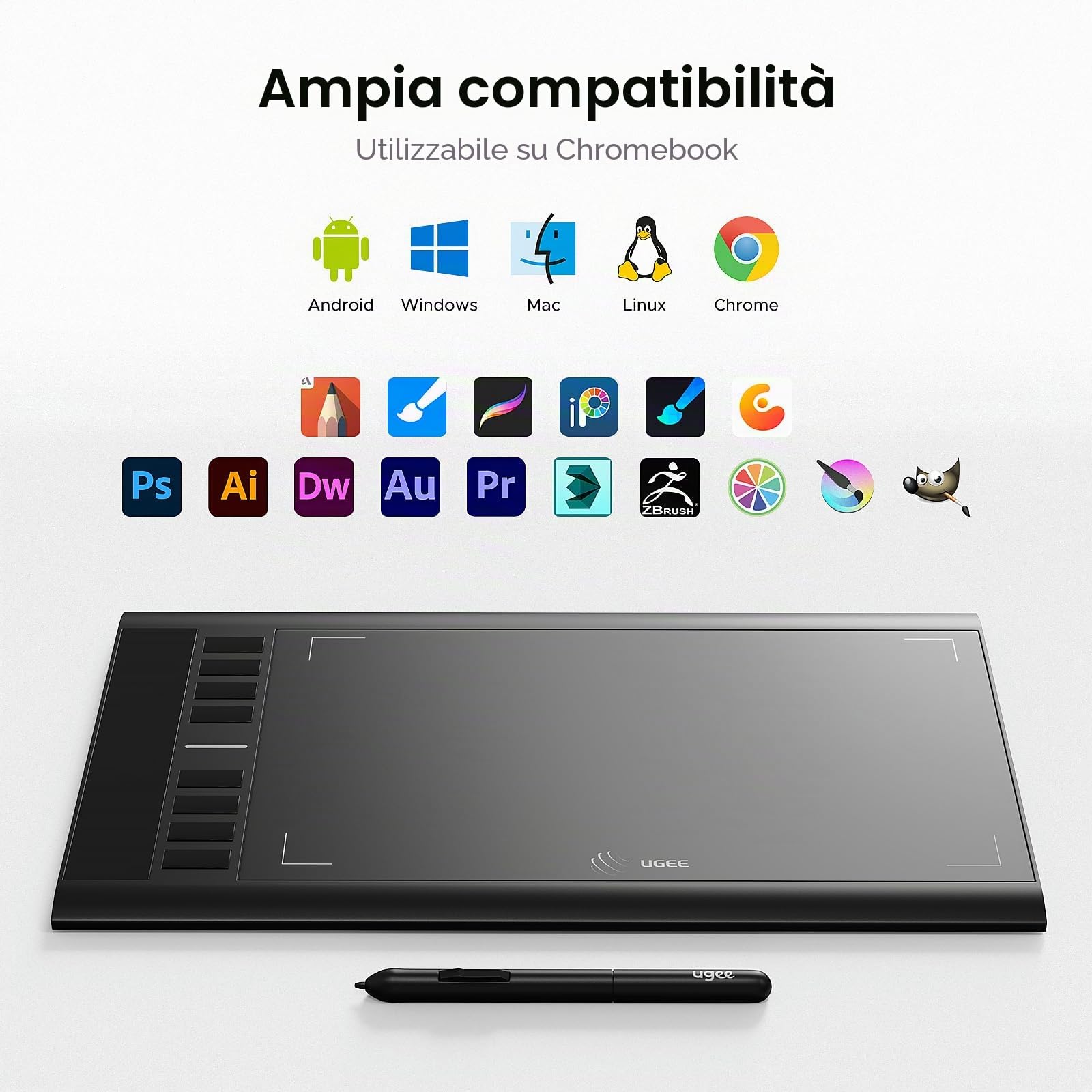 UGEE M708 Tavoletta grafica da disegno 10 x 6 pollici grande area attiva con 8 tasti di scelta rapida, 8192 livelli di pressione penna senza batteria, tavolette grafiche UGEE M708 per pittura, schizzi