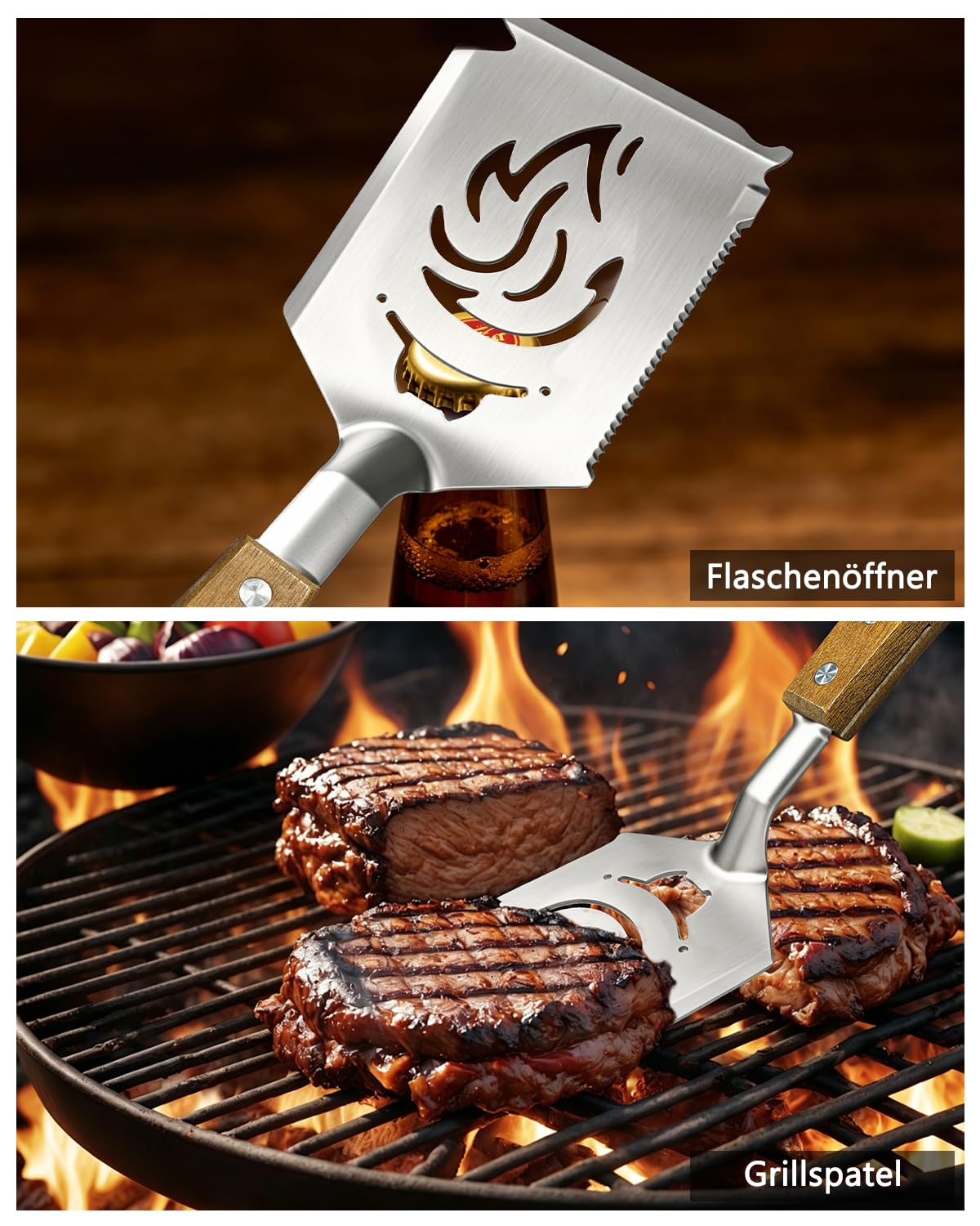 7-in-1 Grillspachtel mit Holzgriff, Multifunktion Grillwerkzeug für BBQ & Camping, Funktionen des Grillwerkzeug-Sets, Kreativer Grillwender, Grillen Geschenke für Männer, Vatertagsgeschenk