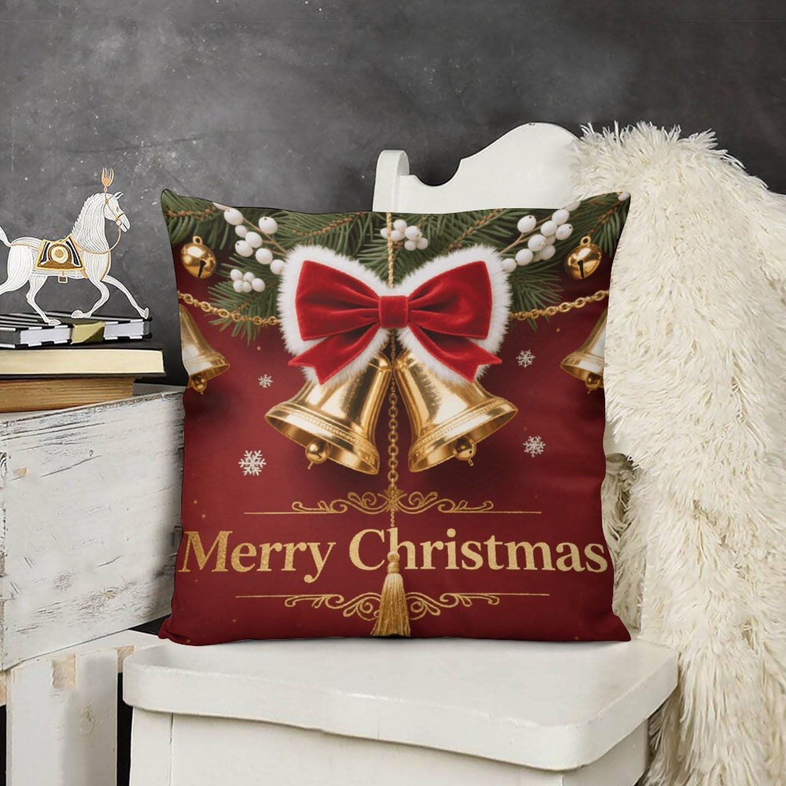 FodPand Boho Farmhouse Christmas Bell Print Pillow Covers with Hidden Zipper 18x18 Soft Plush Cushion Cover Decorative Throw Pillow Cases for Couch Bed Sofa Living Room Indoor Outdoor Home Decor