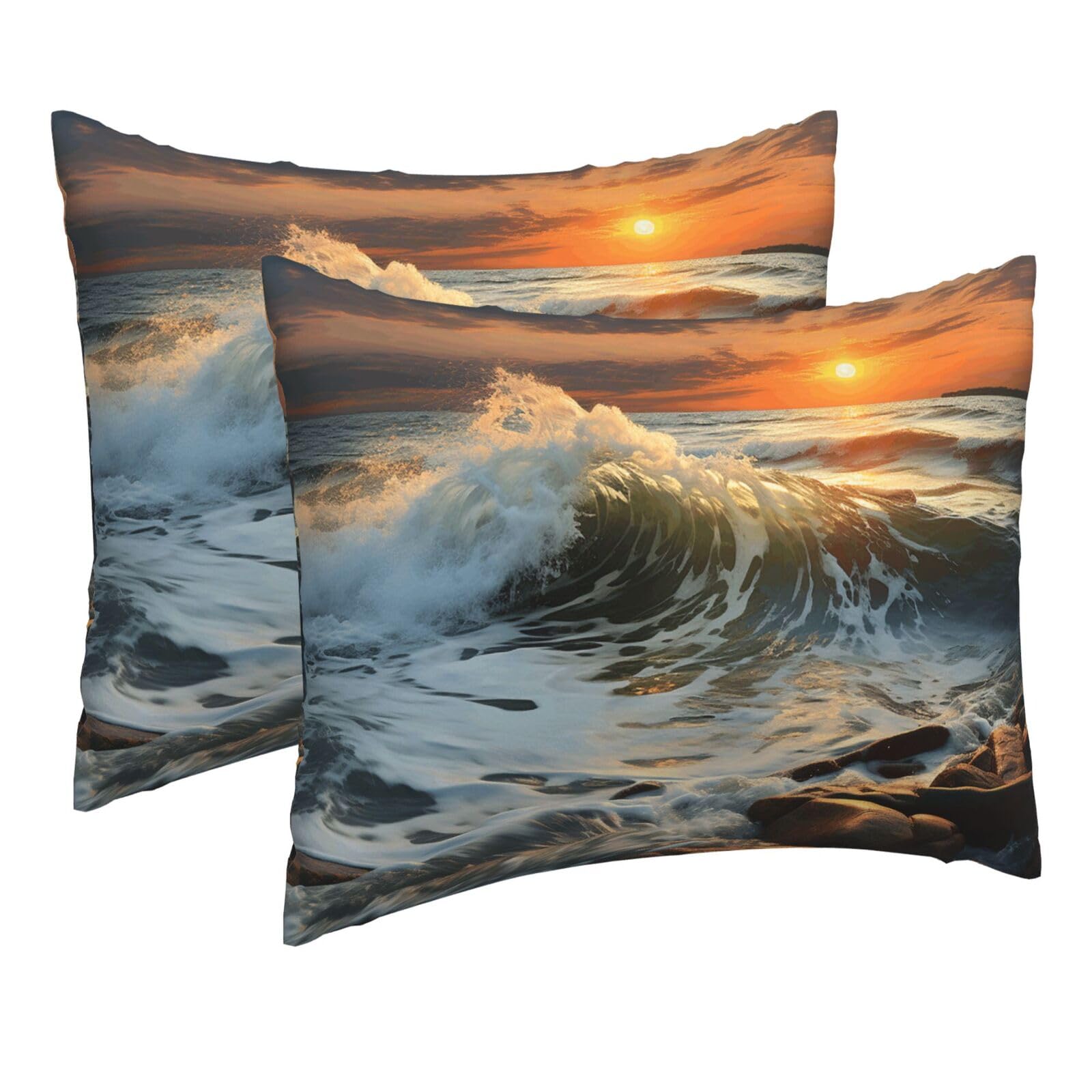 2 Pack Pillow Cases with Hidden Zipper, Soft Breathable Pillow Covers for Hair and Skin, Rocky Wave Sunset Painting Pillowcases 16"x20" Bed Pillow Protectors Cover for Sleeping Gifts