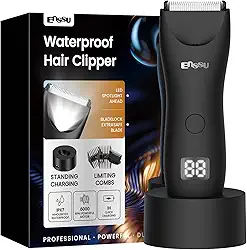 ENSSU Aparador de pelos corporais masculino – Aparador Meridiano à prova d'água com luz LED, motor rápido de 6000 RPM, 5 configurações de comprimento, IPX7 para púbico, peito e bolas (Preto)