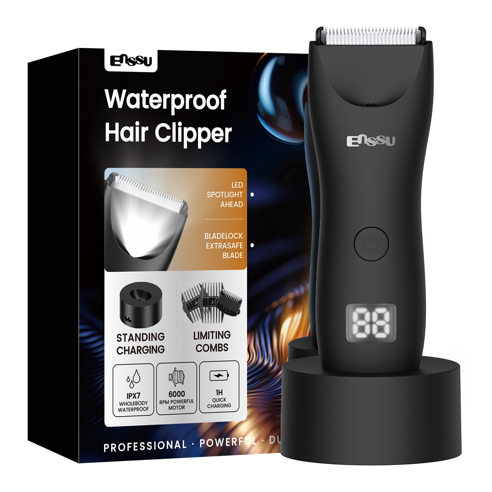 ENSSU Body Trimmer for Men, Electric Manscape Pubic & Groin Hair Trimmer with Skin-Safe Ceramic Blade, Waterproof Ball Trimmer for Chest, Beard, and Pubic Hair with LCD Display, Recharge Dock Black with Stand