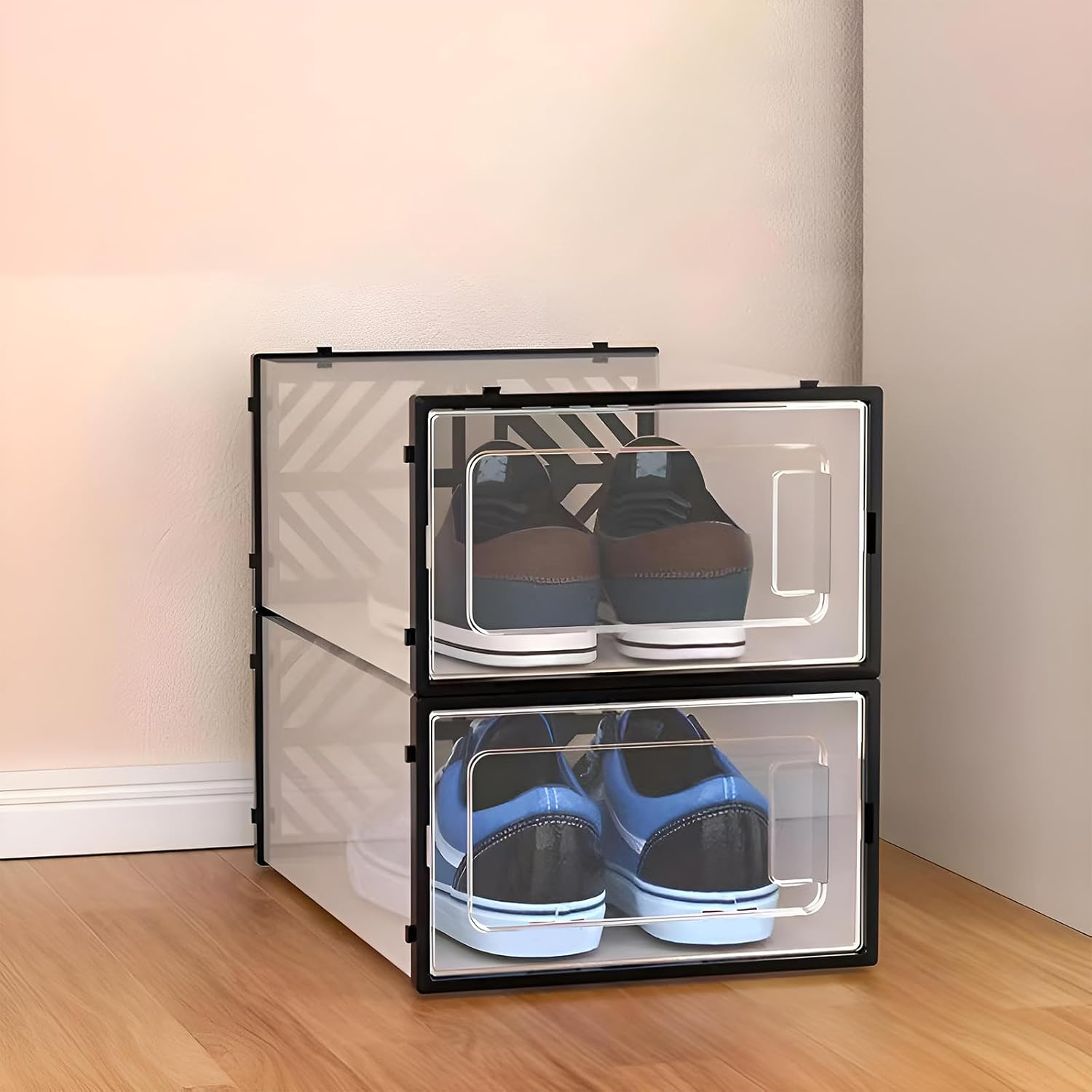 20pcs Stackable Plastic Shoe Boxes, 9.06*5.51in Shoe Organisers with Clear Door, Fixed Buckle, Shoe Box Storage Container for Living Room, Entryway, Dorm, Bedroom, Cloakroom, Office (Black)