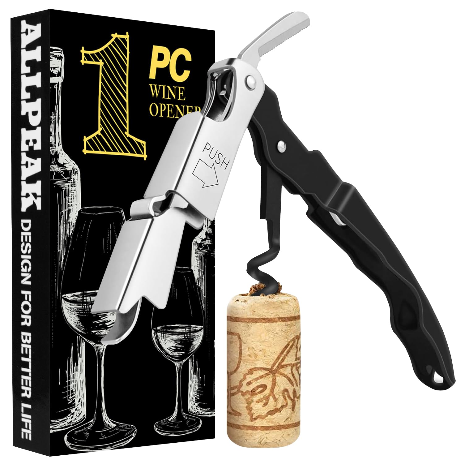 Allpeak Bottle Opener Wine Opener Corkscrew - 1PC Multi-Purpose Wine Bottle Opener, Corkscrew Wine Opener, Ouvre Bouteille de Vin, Bar & Wine Tools Corkscrews & Openers Bottle Openers - Black