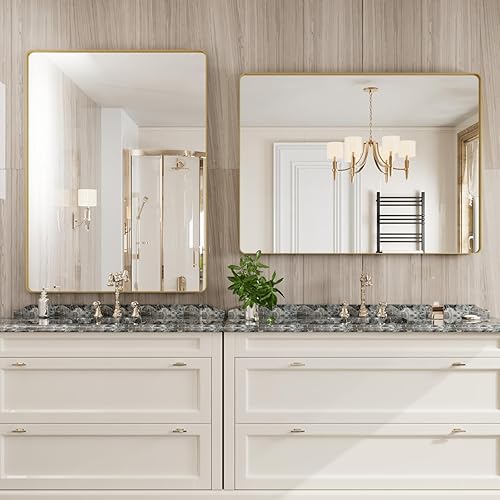 Miniatura 244 de Espejo de baño dorado, 48 x 30 pulgadas, espejo de marco de metal dorado cepillado para pared, espejo rectangular redondeado de tocador de baño