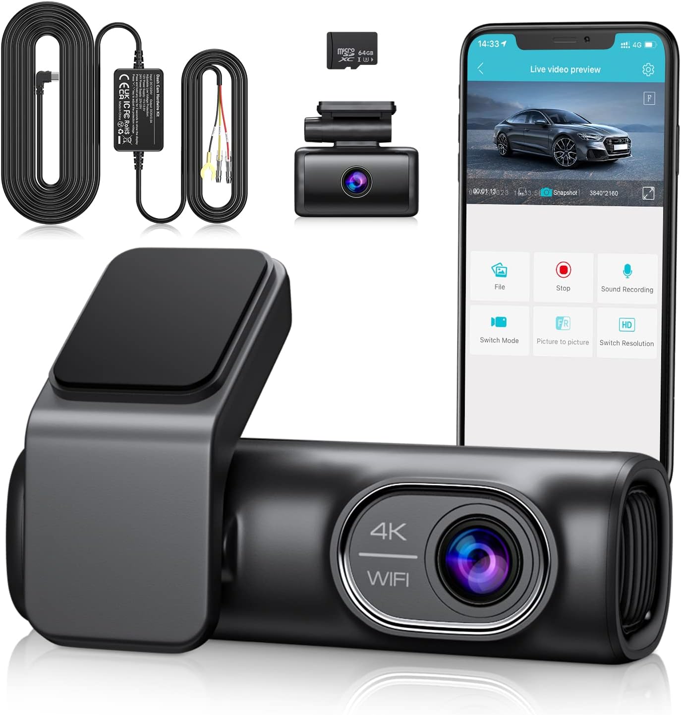 Sarmert 4K Dual Dash Cam Built-in 5.8G WiFi & GPS, 64GB Memory Card Included Car Dashboard Camera Recorder with Parking Mode, G-Sensor, Loop Recording & 3-Lead Hard-Wire Kit Micro-USB Port