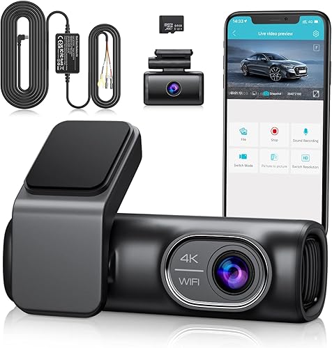 Sarmert Cámara de tablero dual 4K con WiFi y GPS de 5.8 G, tarjeta de memoria de 64 GB incluida grabadora de cámara de tablero de coche con modo de