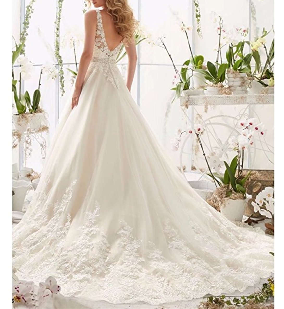 Vestito da Cerimonia Nuziale del Merletto del Collo del Merletto V Vestiti da Sposa in Rilievo Appliques Cinghie Abito da Sposa