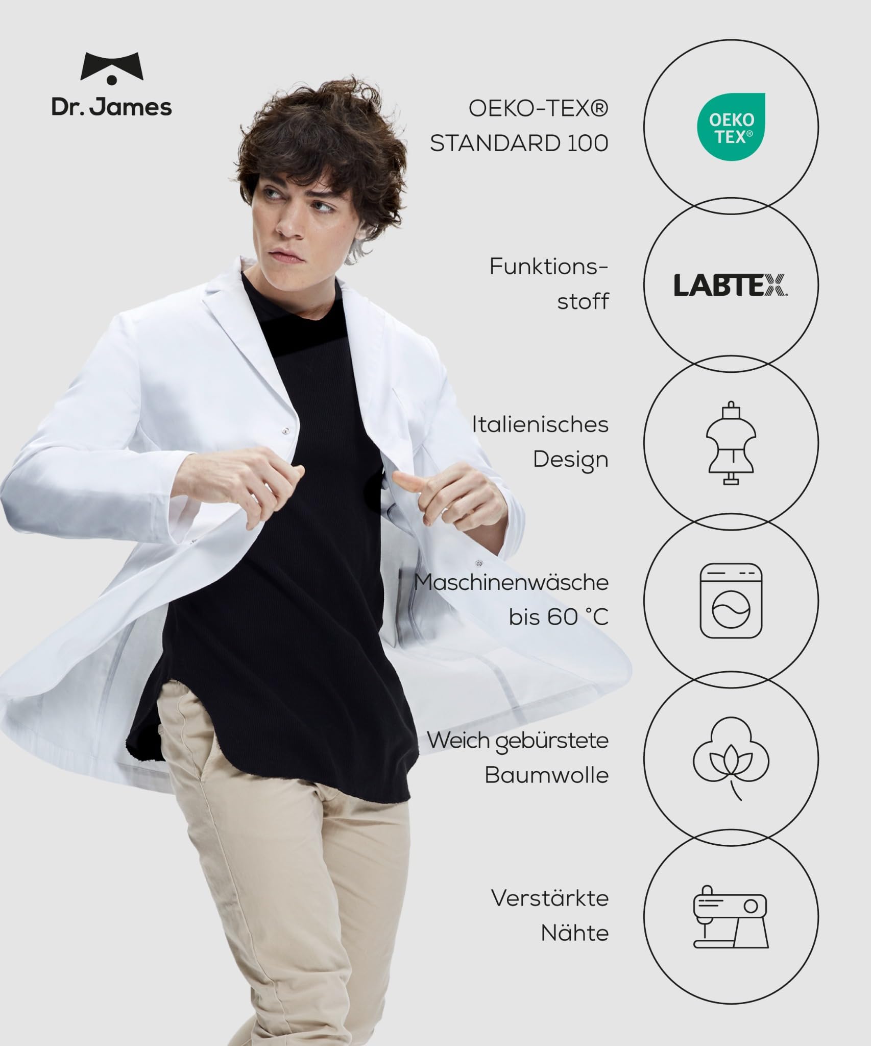 Dr. James Laborkittel Damen 100% Baumwolle, Klassischer Regular Fit Arztkittel mit verdeckten Druckknöpfen, 3 Taschen & 94 cm Länge, OEKO-TEX® zertifiziert, Weißer Medizin Kittel